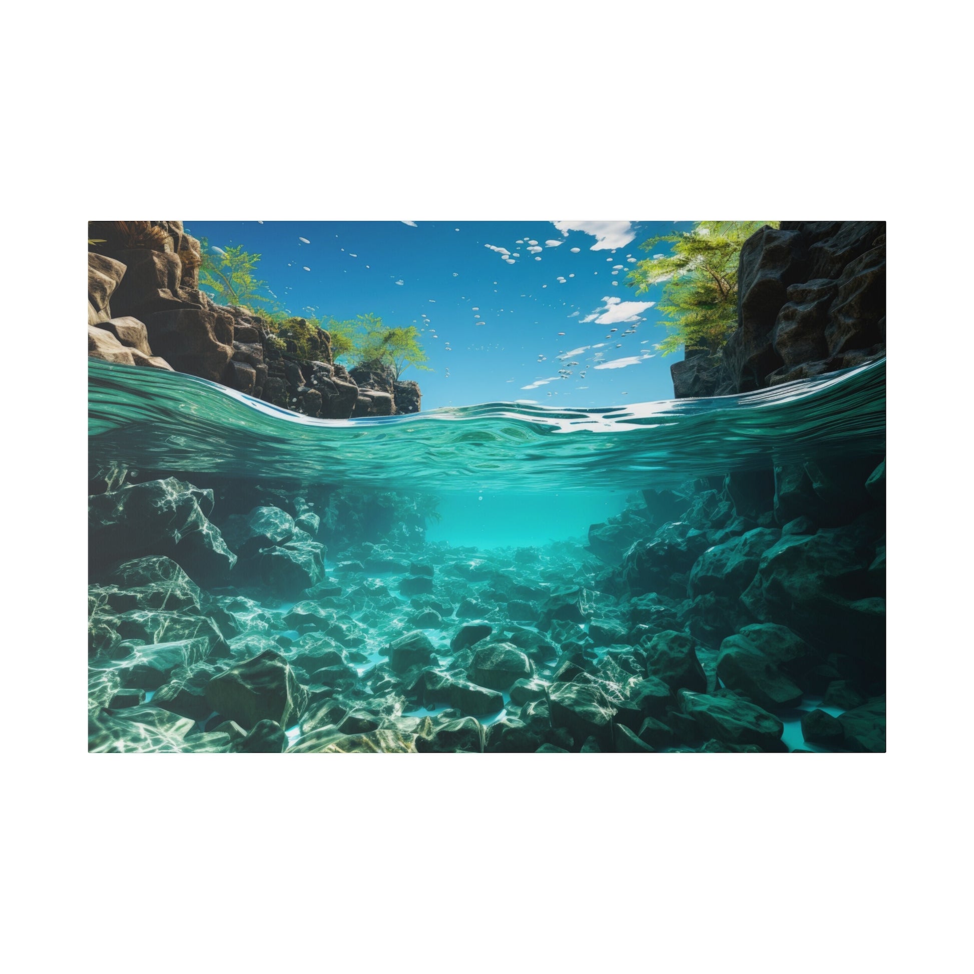 Split-view photo: above-water rocky coastline with trees under a blue sky, and an underwater rocky seabed with turquoise water.