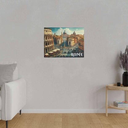 Canvas art print depicting a Rome cityscape with domed buildings and a busy street, the word ROME in the bottom-right corner.