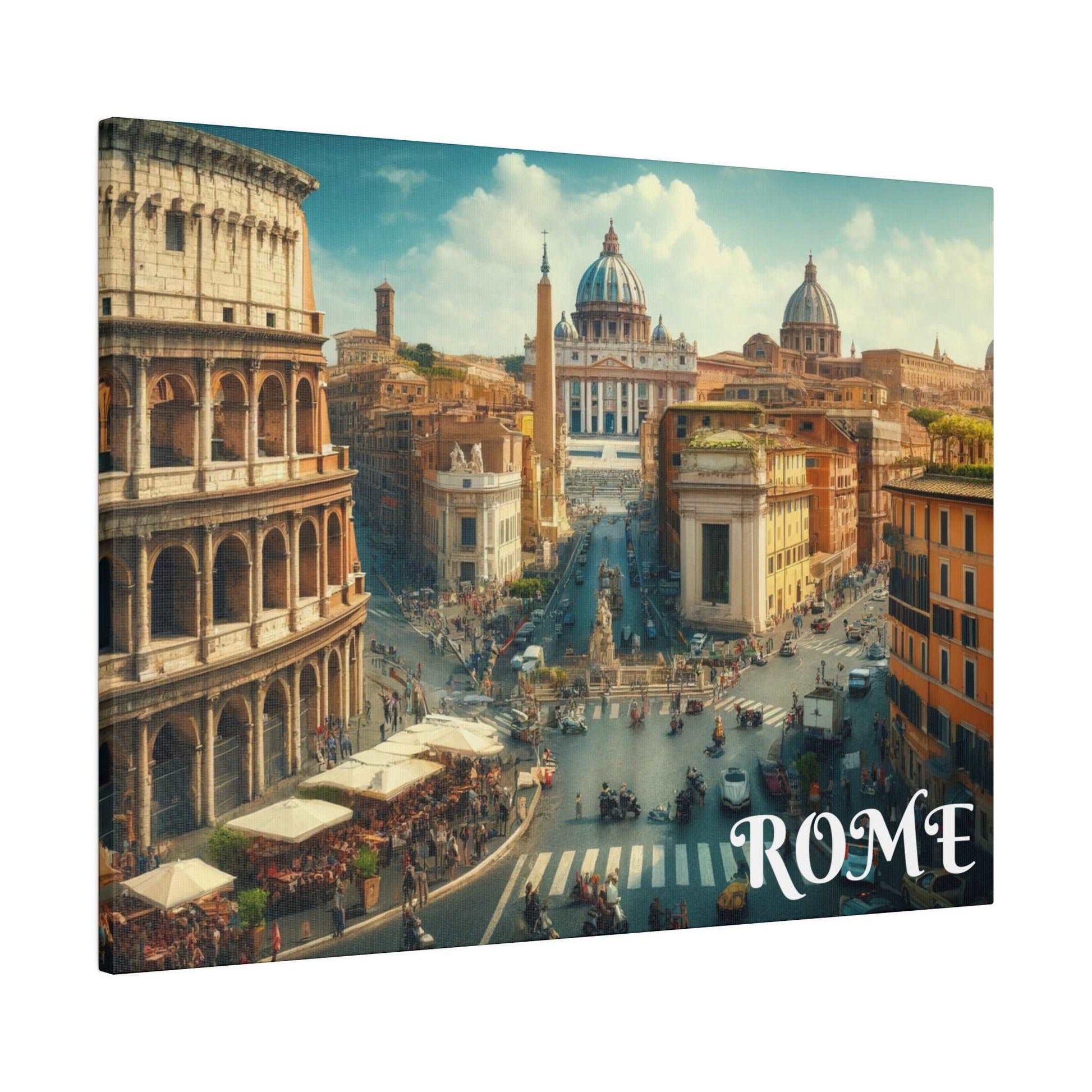 Rome cityscape canvas print showing a busy street lined with historic buildings and domed churches.