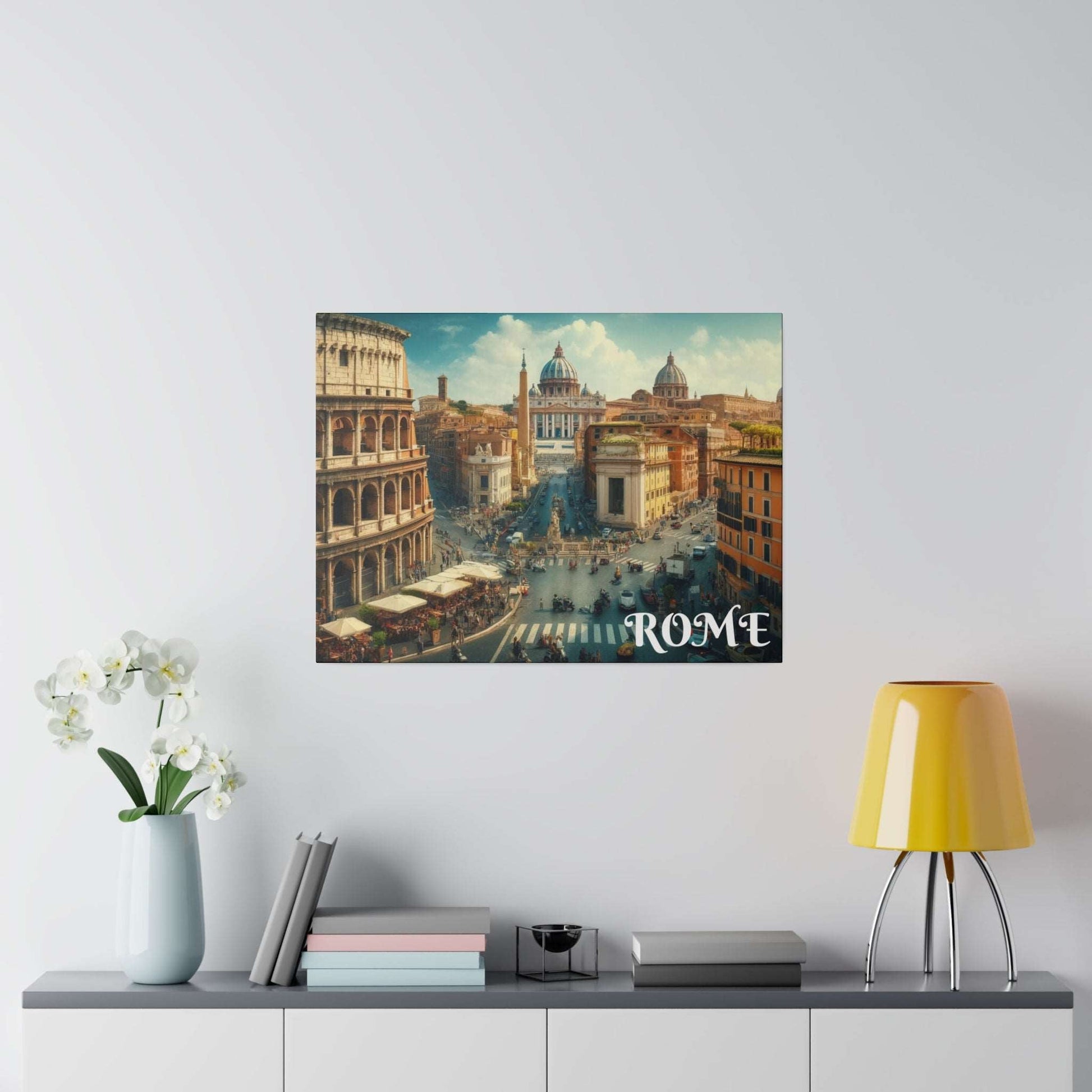 Canvas wall art depicting a vintage Rome cityscape with domes, arches, and a busy street scene.
