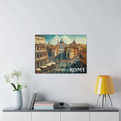 Canvas wall art depicting a vintage Rome cityscape with domes, arches, and a busy street scene.