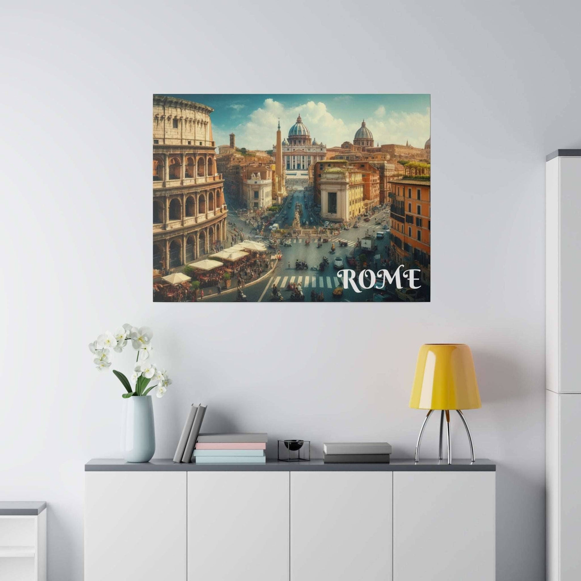 Canvas art print of a Rome cityscape with busy streets, classical buildings, and domed churches.