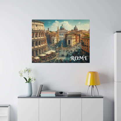 Canvas art print of a Rome cityscape with busy streets, classical buildings, and domed churches.