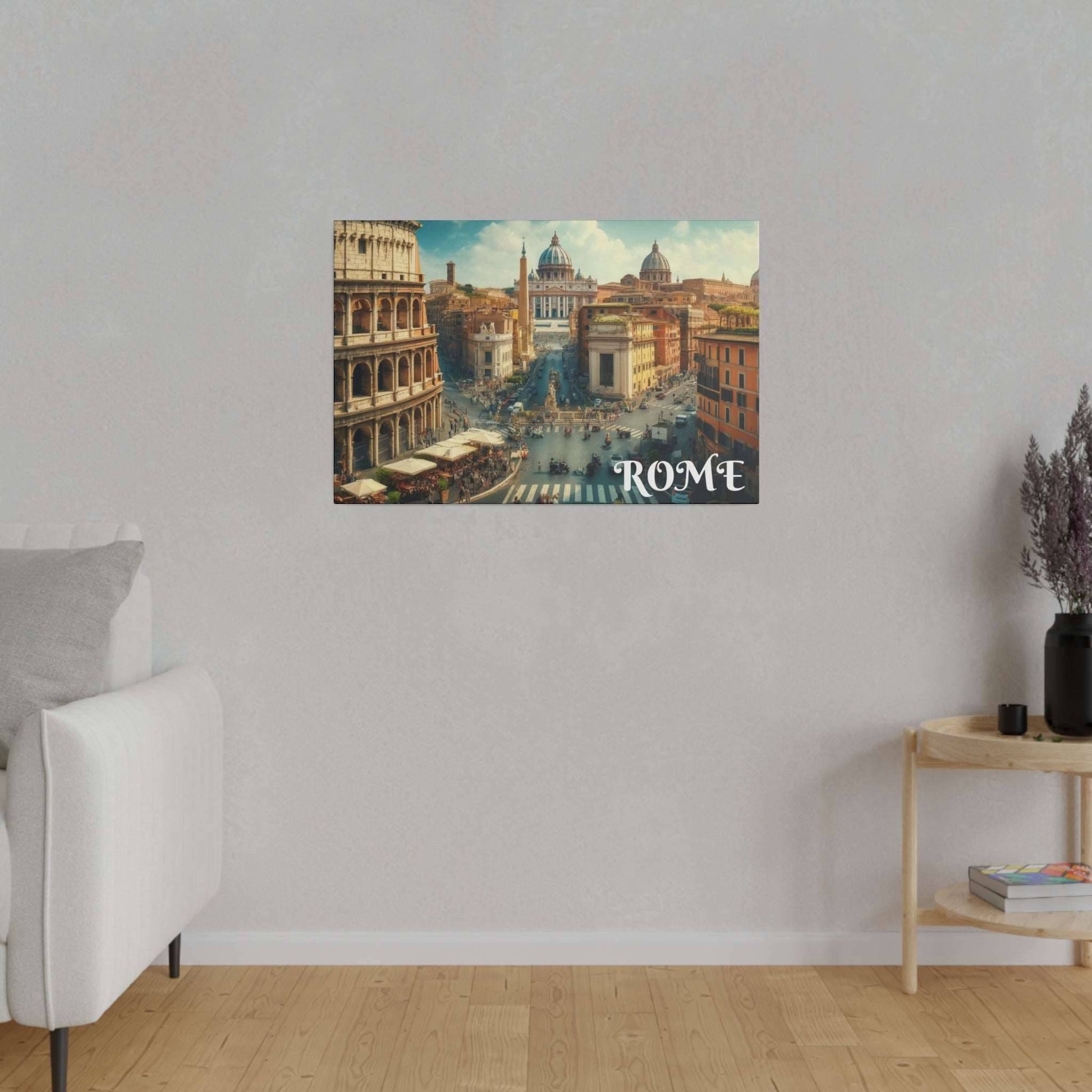 Canvas art print of a Rome cityscape with historic buildings, a busy street, and 'ROME' in the bottom-right.