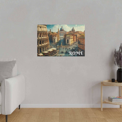 Canvas art print of a Rome cityscape with historic buildings, a busy street, and 'ROME' in the bottom-right.