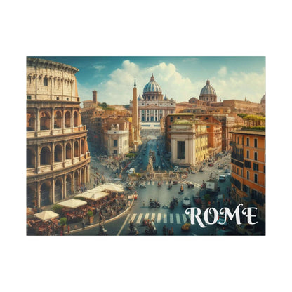 A vibrant Rome cityscape showing domed churches, ancient buildings, and a busy street scene, with “ROME” text in the lower right.