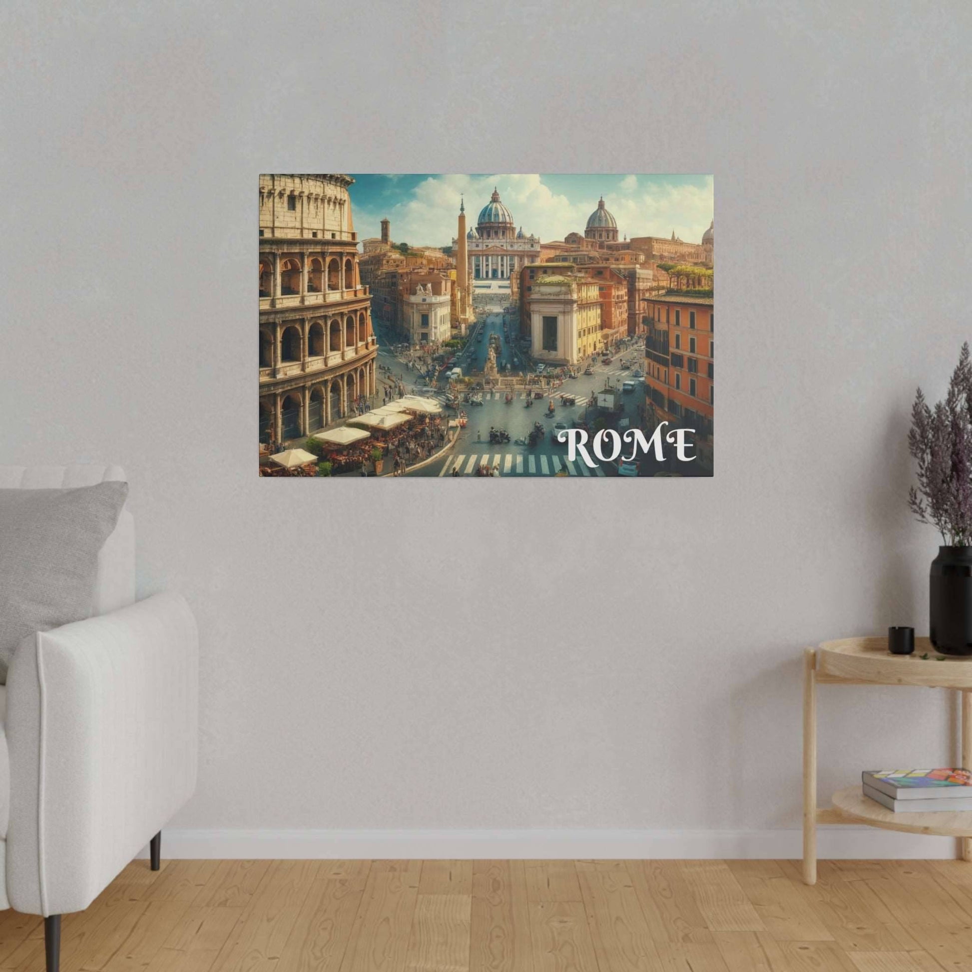 Canvas art depicting a Rome cityscape with the Colosseum on the left, domed buildings in the center, and "ROME" text in the bottom right.