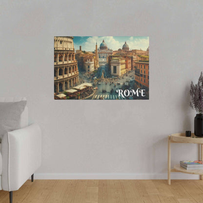Canvas art depicting a Rome cityscape with the Colosseum on the left, domed buildings in the center, and "ROME" text in the bottom right.