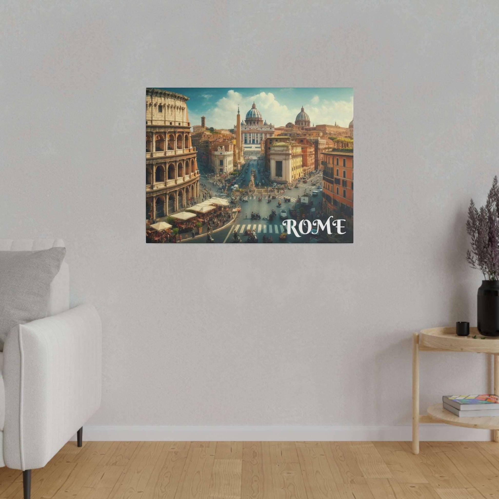 Rectangular Rome cityscape canvas print showing domed buildings, busy street, and “ROME” text in the bottom right.