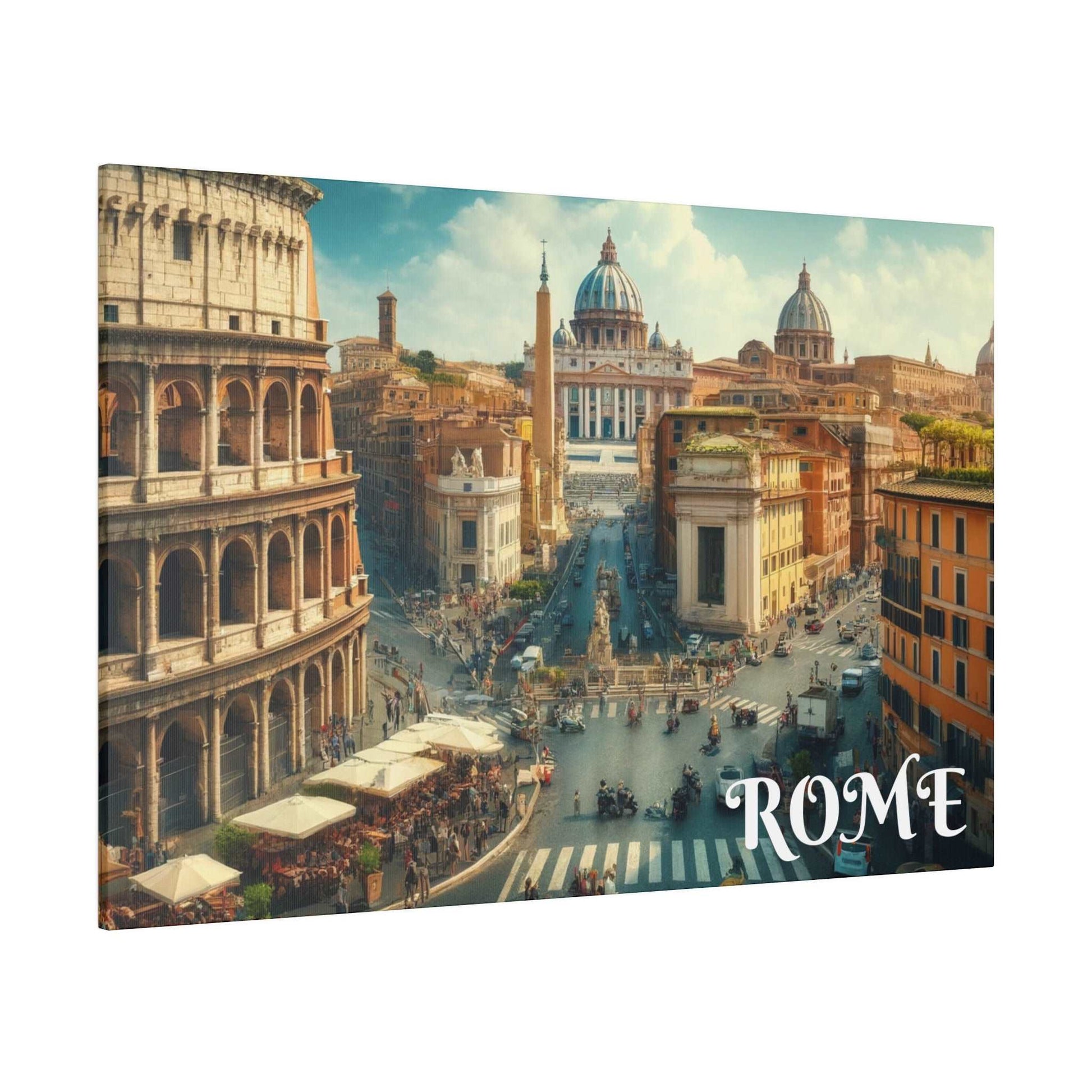 Rome cityscape with the Colosseum on the left, a central obelisk, domed churches, and a busy street scene.
