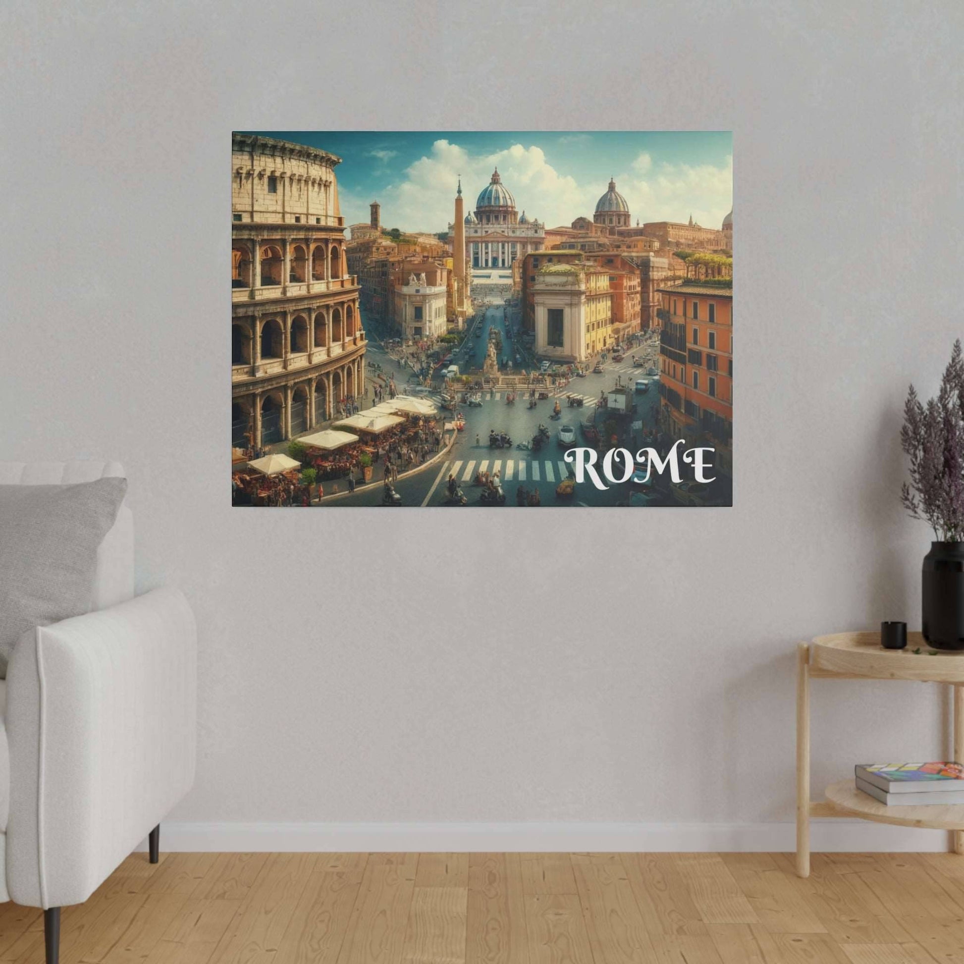 Square canvas print depicting a Rome cityscape with domed churches, a busy street, and pedestrians.