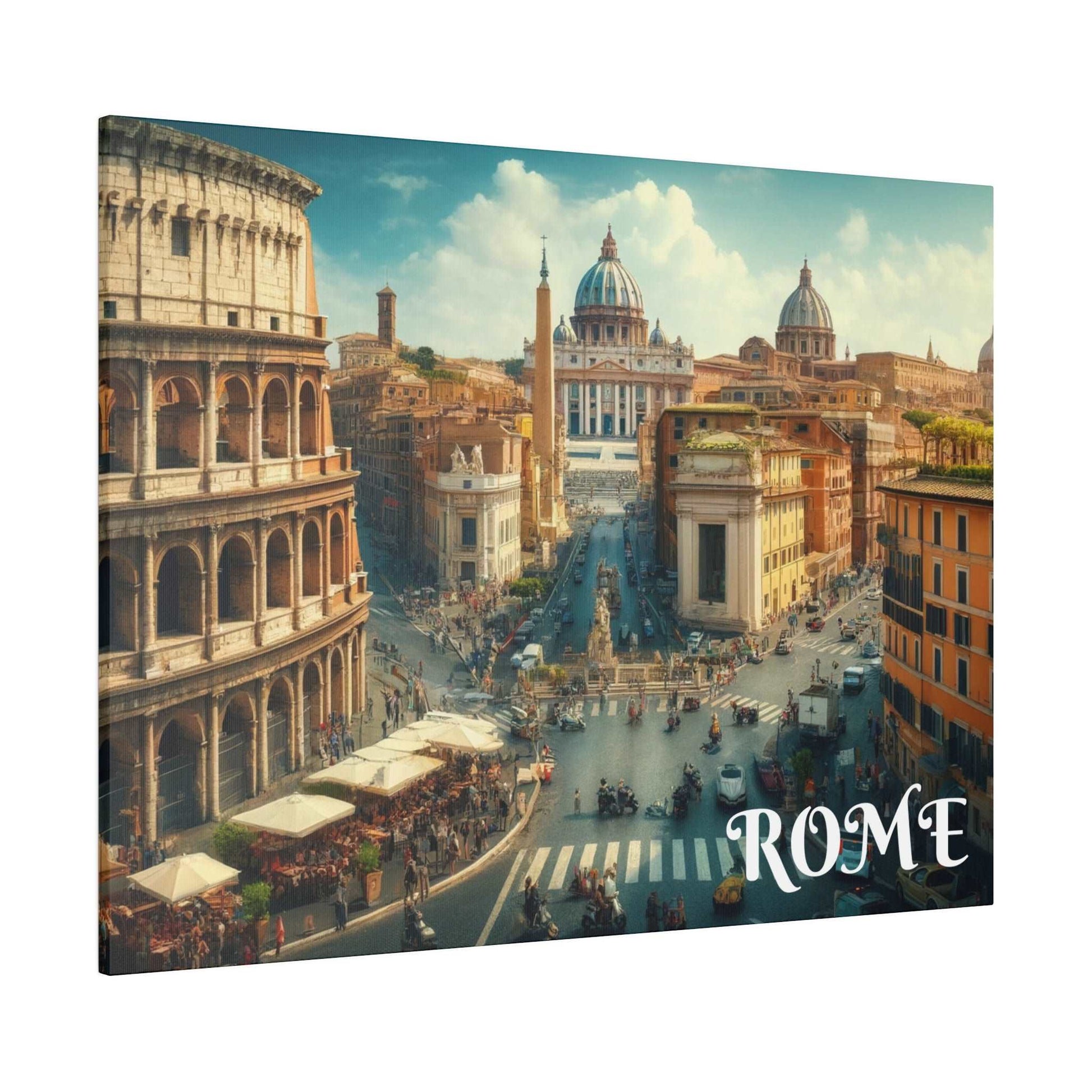Aerial cityscape of Rome showing a busy street toward domed churches, with the Colosseum on the left and "ROME" text on the bottom right.