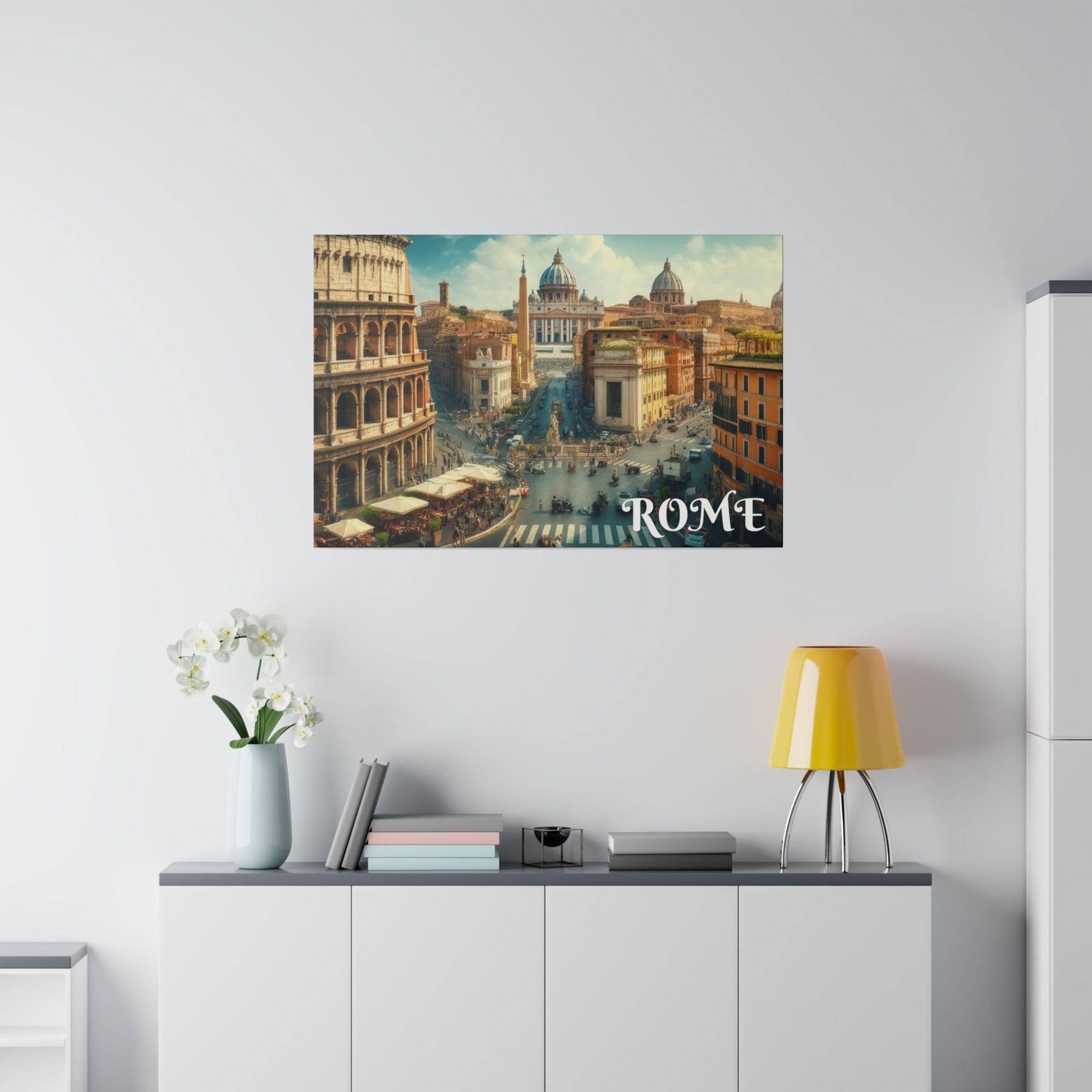 Wall poster showing a colorful Rome cityscape with the Colosseum and domed buildings, "ROME" at bottom right.