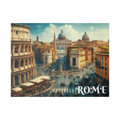 Rome Timeless Cityscape canvas art: aerial view with the Colosseum left, domed Basilica center, and busy streets.