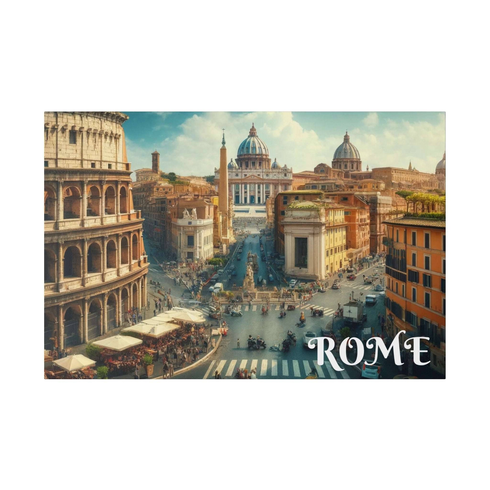 Rome cityscape canvas art showing a busy street with historic buildings, an obelisk, and domed churches.