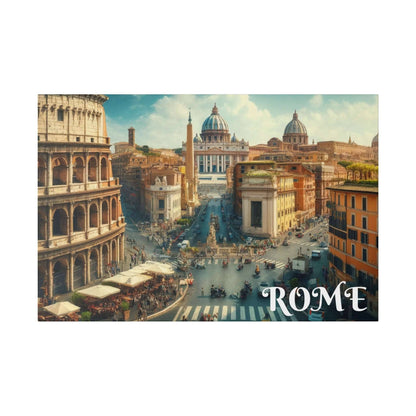 Wide cityscape view of Rome showing busy streets, historic buildings, an obelisk, and domed churches in a vibrant skyline.