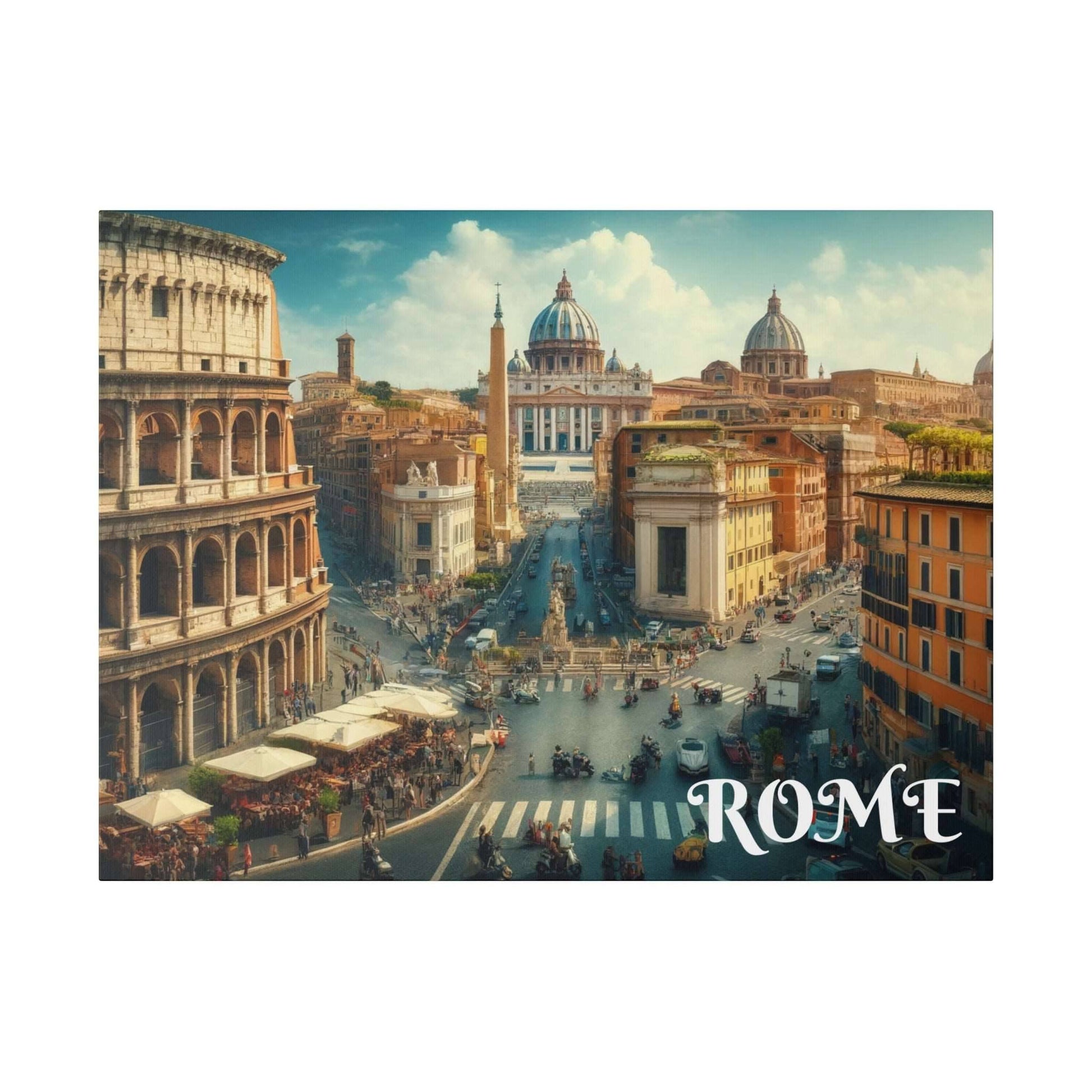 Rome cityscape on canvas showing a busy street, historic buildings, an obelisk, and domed churches in the distance.