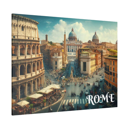 Rome cityscape canvas with the Colosseum on the left, a busy street below, and domed buildings in the distance.