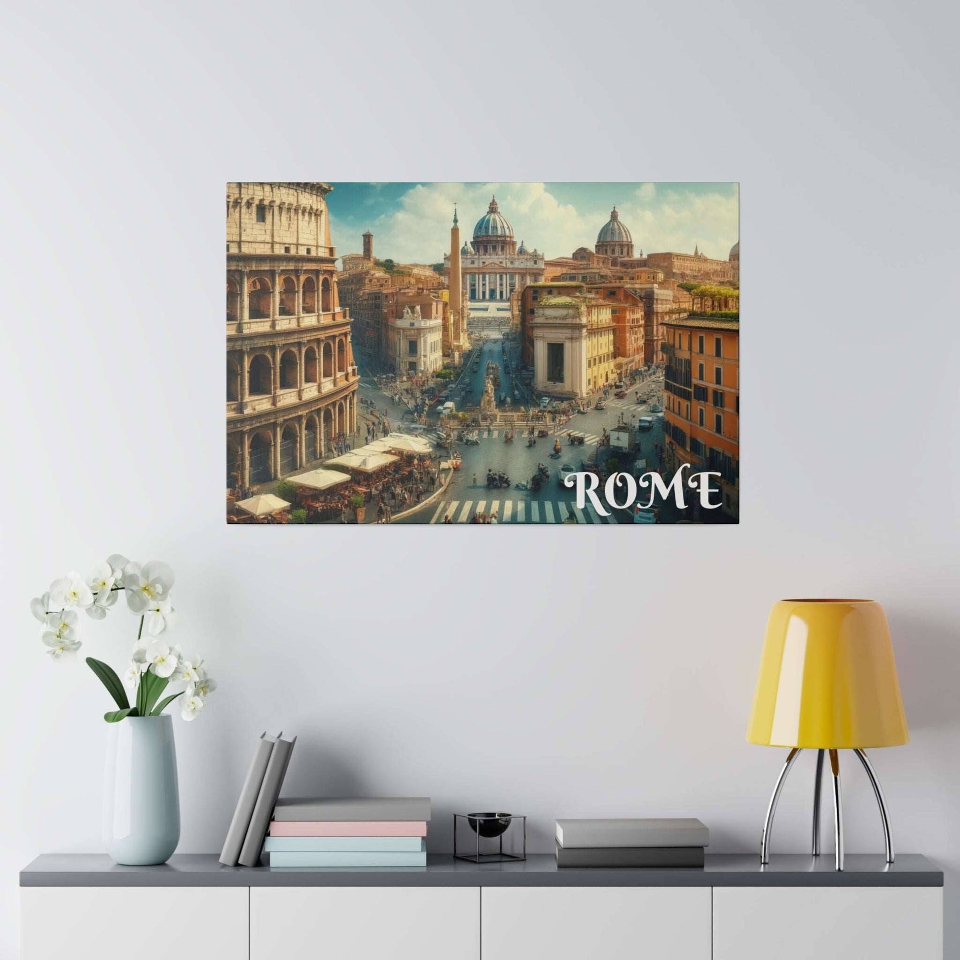 Canvas art showing a Rome cityscape with ancient buildings and a busy street, "ROME" bottom right.