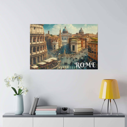 Canvas art showing a Rome cityscape with ancient buildings and a busy street, "ROME" bottom right.