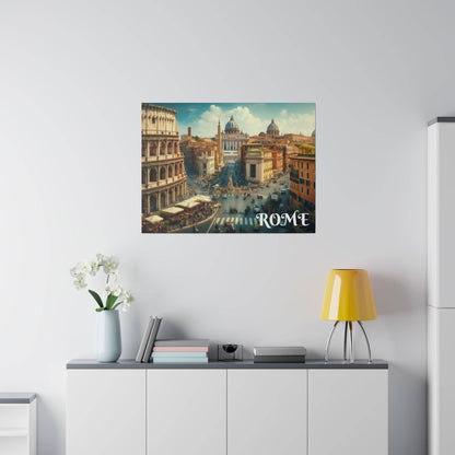 Wall-mounted poster showing a Rome cityscape with ancient buildings and a busy street; "ROME" appears in the bottom right.
