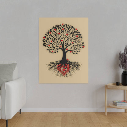 Beige wall art print of a black tree with red heart-shaped leaves and exposed roots.