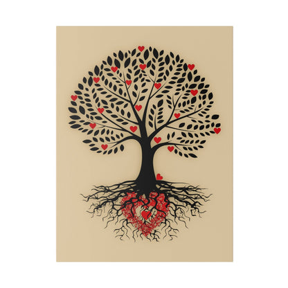 Beige canvas featuring a black stylized tree with heart-shaped red leaves and a heart-shaped root cluster.