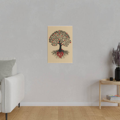 Beige poster on a gray wall shows a black tree with intricate roots forming a red heart near the base.
