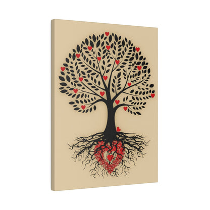 Beige canvas wall art depicting a black tree with heart-shaped red leaves and a heart at the roots.