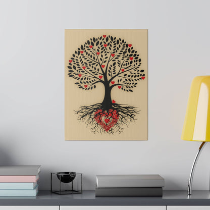 Beige canvas wall art featuring a black tree with heart-shaped red leaves and exposed roots forming a heart.