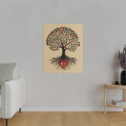 Beige poster showing a black tree with red heart-shaped leaves and roots on a light gray wall.