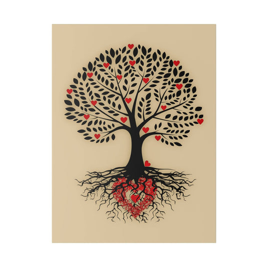 Beige poster of a black tree with numerous leaves and red heart shapes scattered through the branches and roots.