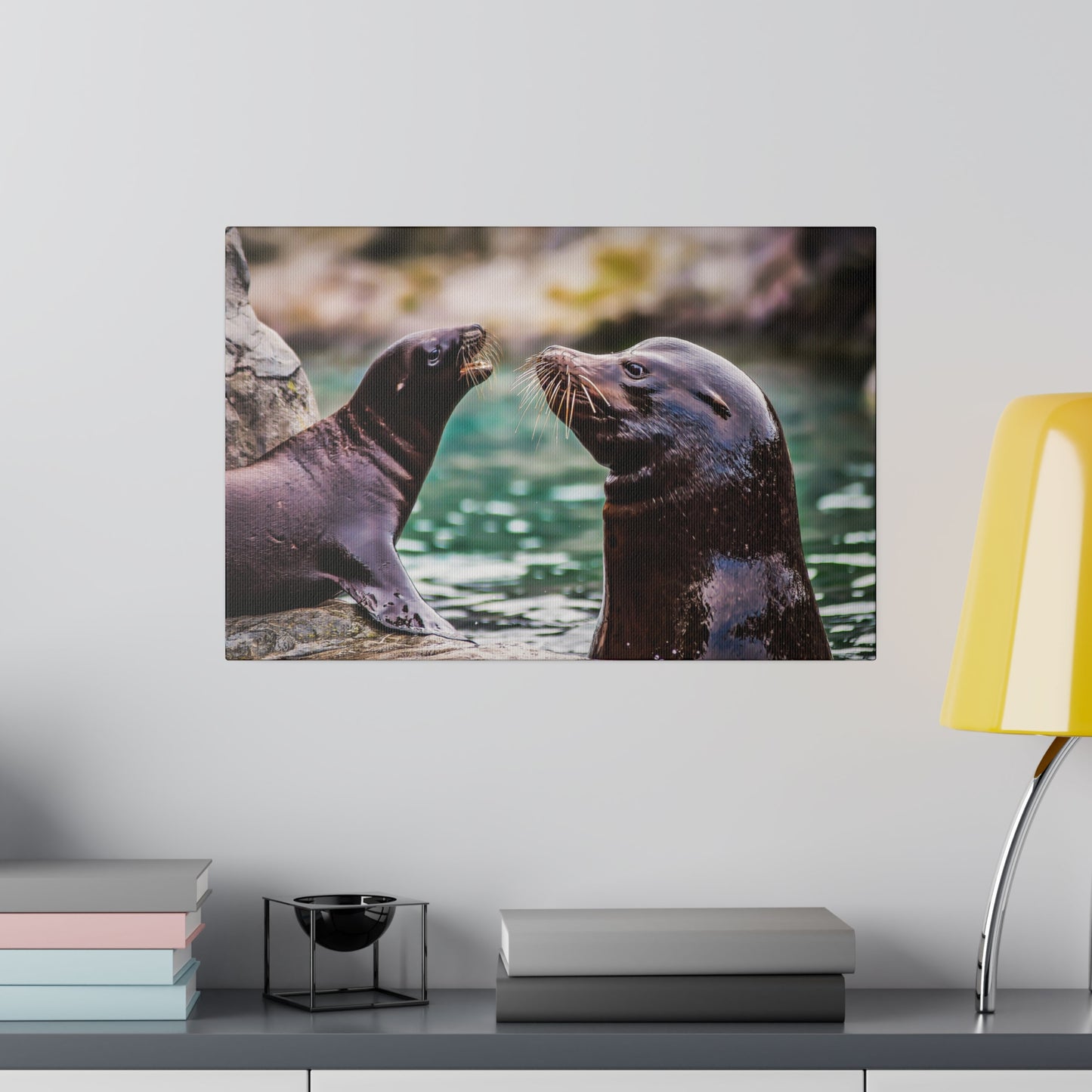 Two sea lion friends interacting by the water's edge. The scene captures their whiskers and smooth fur, showcasing their playful and social behaviour.