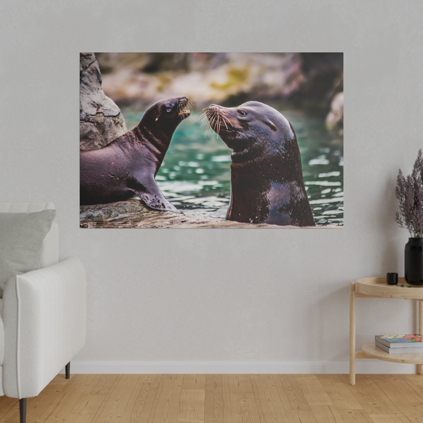 An interaction between sea lions, focusing on their whiskers touching and smooth fur. The scene captures their playful and social behavior.