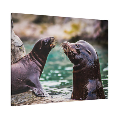 Two dark brown sea lions face each other at the water's edge, with long whiskers and glossy, wet fur.