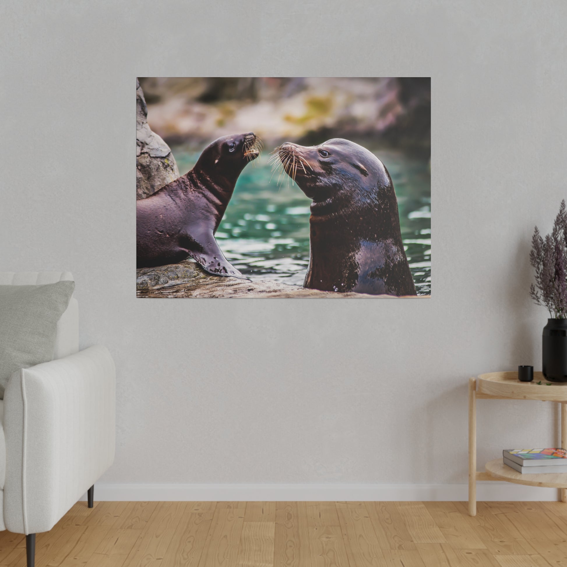 Two sea lions in their natural habitat, interacting playfully by the water. Their whiskers and glossy fur are highlighted, showcasing their social behavior.