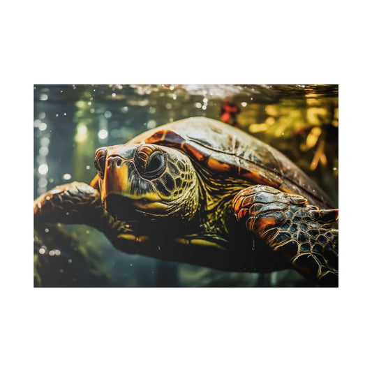 Close-up of a sea turtle underwater, showcasing detailed shell patterns and orange-green hues.