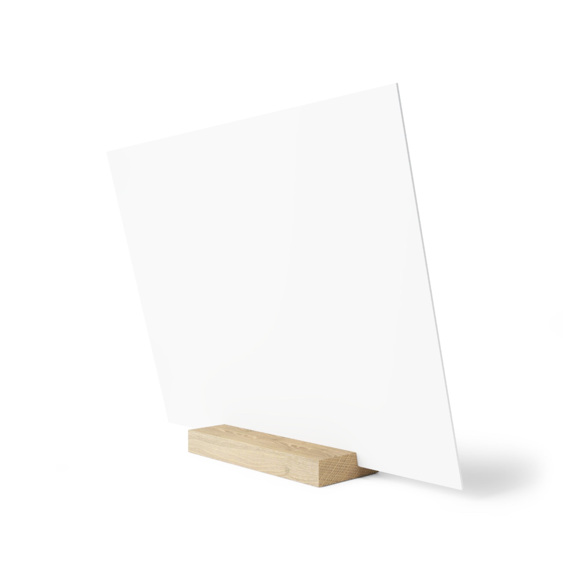 White angled display panel mounted on a light wooden rectangular base.