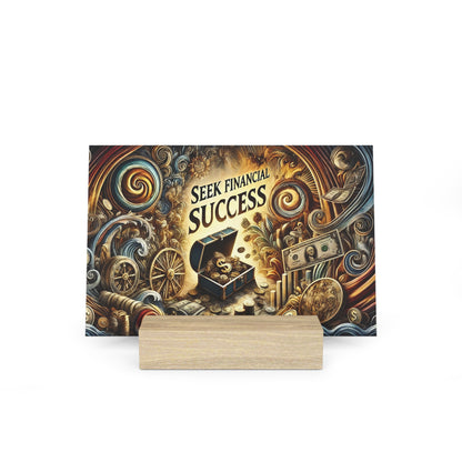 Colorful poster reads "Seek Financial Success" with a treasure chest, coins, and ornate spirals.