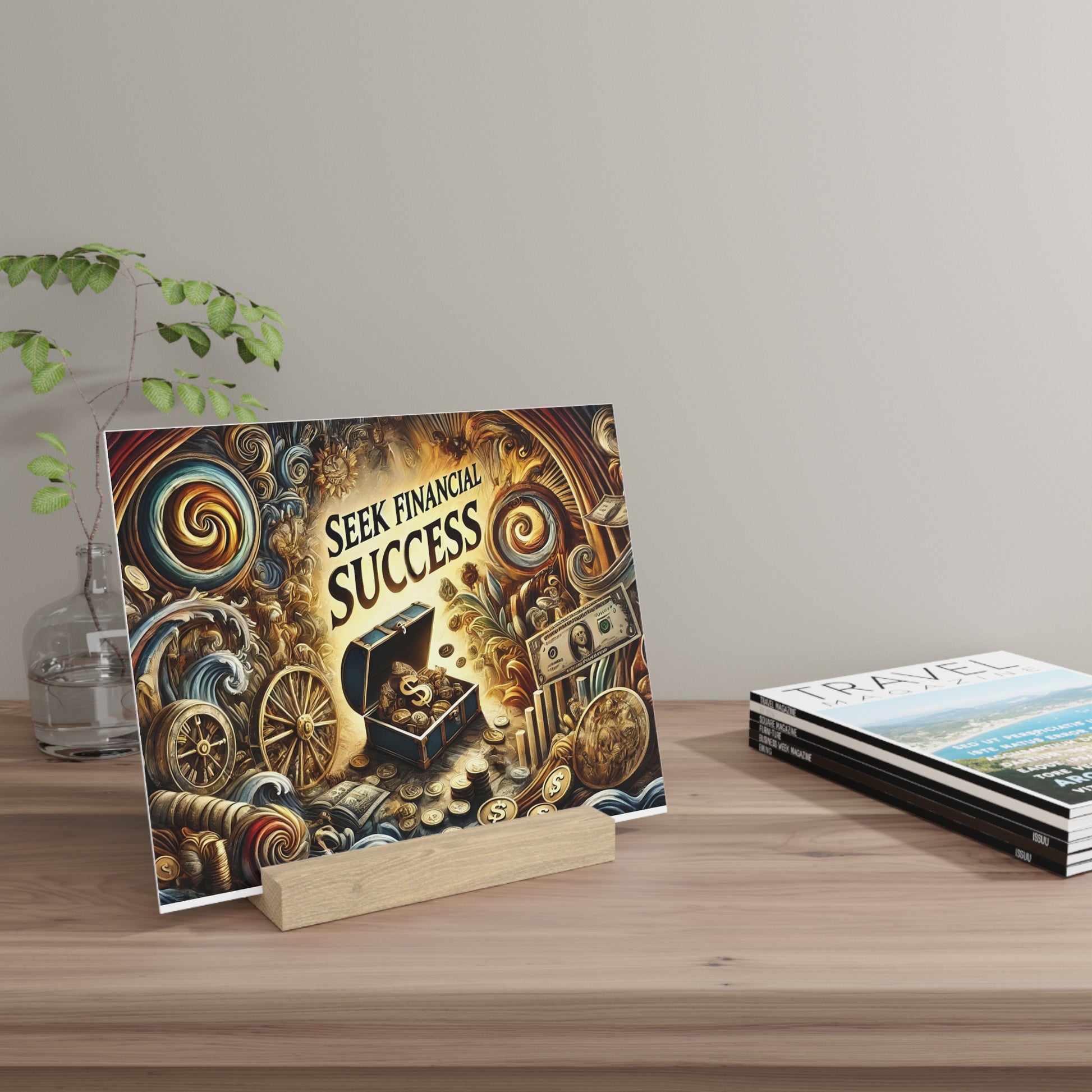 Colorful poster reading "SEEK FINANCIAL SUCCESS" with a treasure chest and coins on a wooden desk, beside a glass vase and travel magazines.