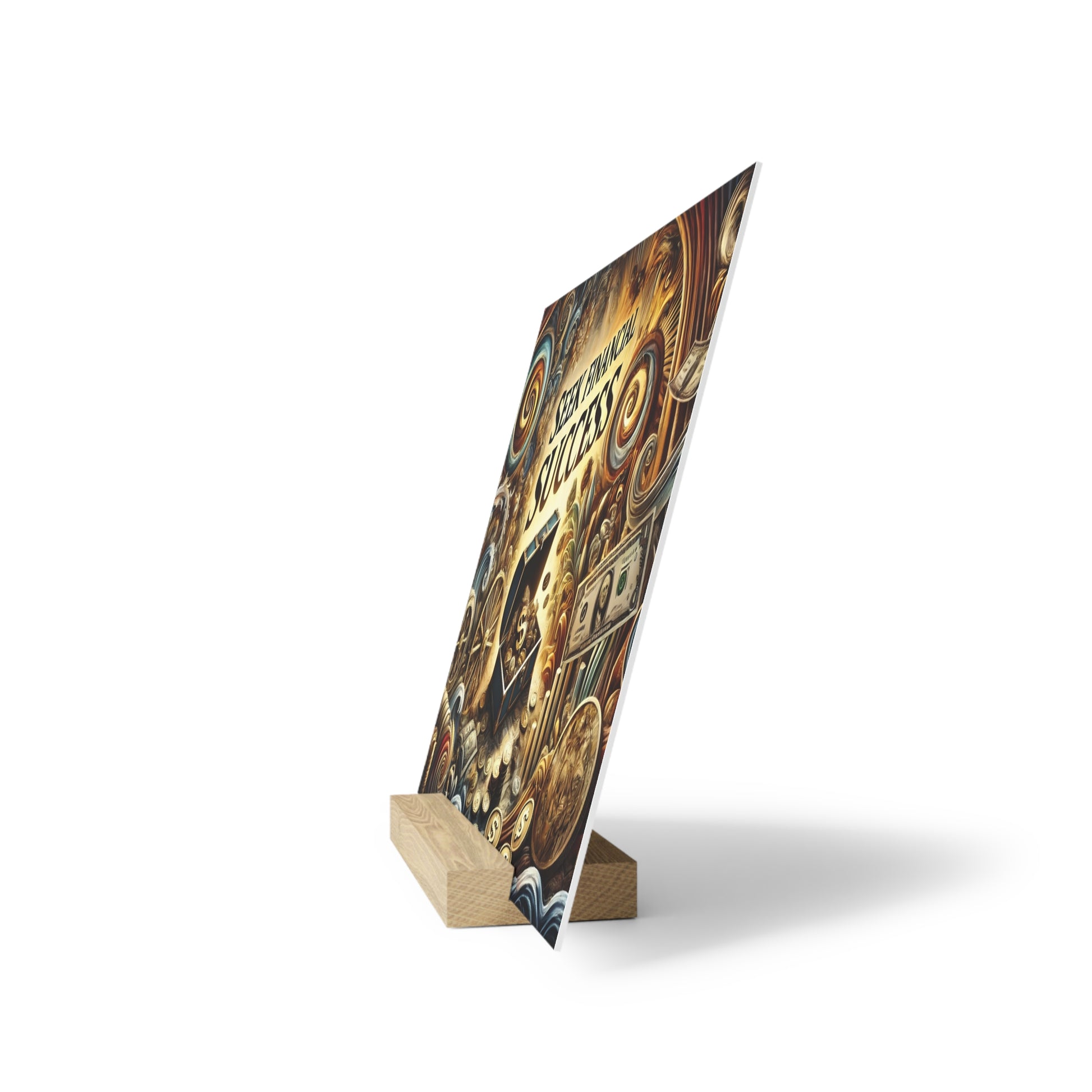 A vertical poster with a collage of dollar bills and coins on a wooden easel-style stand.