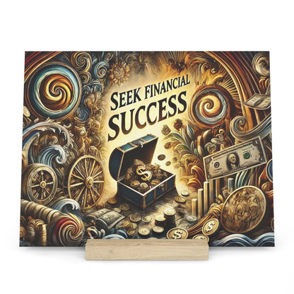 Colorful fantasy poster with a treasure chest spilling coins and cash, surrounded by swirls and gears, and the text “SEEK FINANCIAL