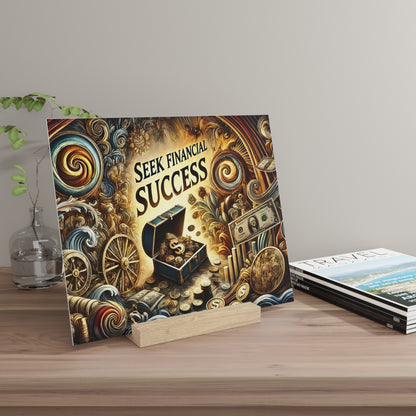 Colorful poster reading "SEEK FINANCIAL SUCCESS" with a treasure chest spilling coins, set among ornate gold swirls.