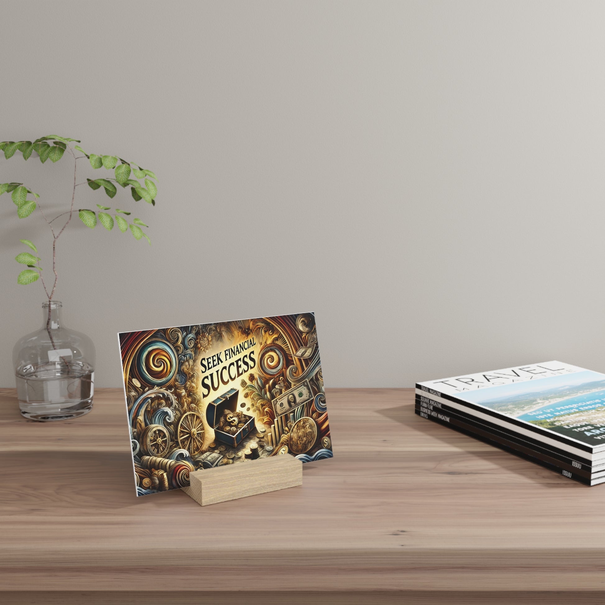 Decorative card reading 'SEEK FINANCIAL SUCCESS' on a small wooden stand sits on a wooden desk beside a glass vase with green branches and
