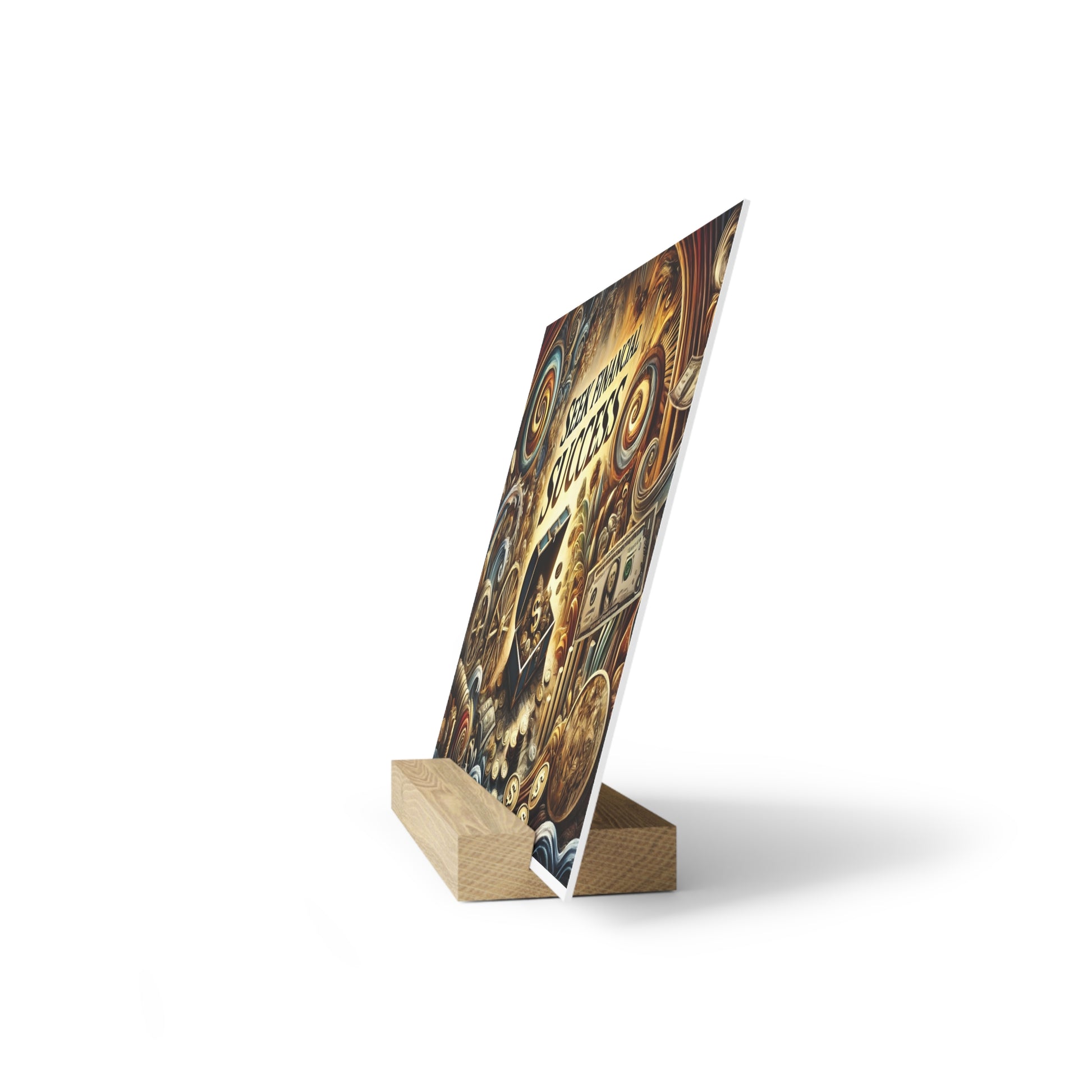 Slanted poster featuring a warm money collage (coins and dollar bills) mounted on a light wooden stand.