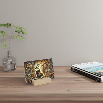 On a wooden table, a glass vase with a green leafy branch, a colorful card saying Seek Financial Success on a small stand, and travel