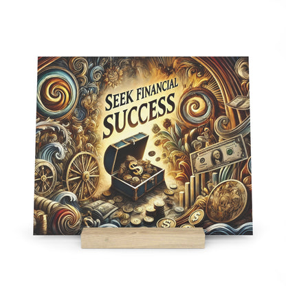 Colorful fantasy poster with a treasure chest spilling coins and bills, and the text "Seek Financial Success".