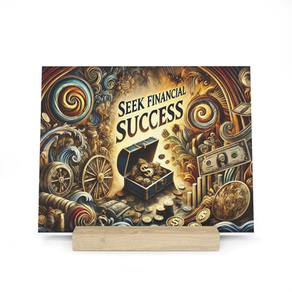 Colorful fantasy poster with a treasure chest spilling coins and dollar bills, beside the text “SEEK FINANCIAL SUCCESS.”