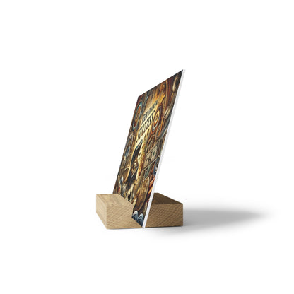 Wooden block stand holding a tilted poster with a coin-and gear collage against a white background.