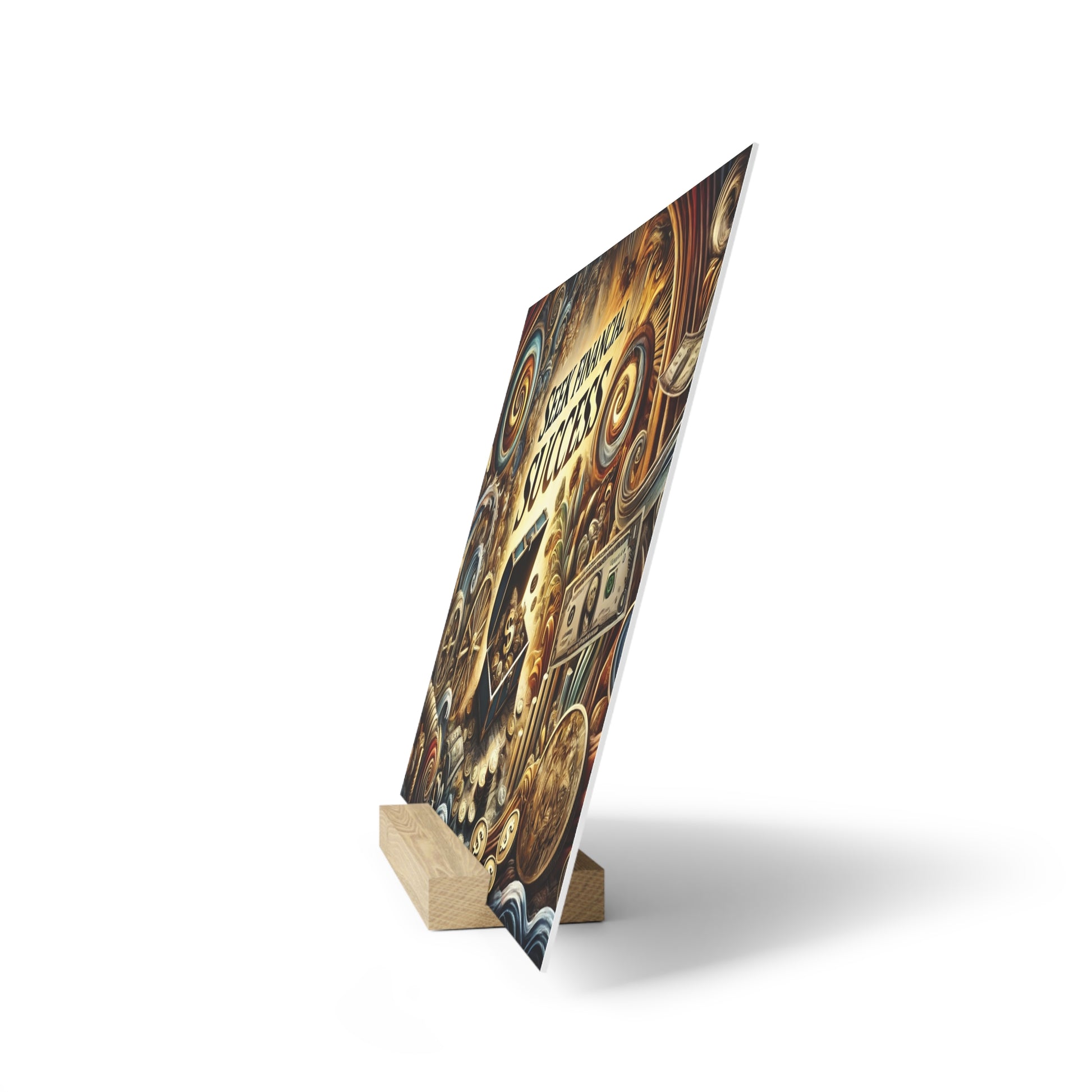 A vertical, angled poster on a wooden stand displaying a collage of coins and paper currency.